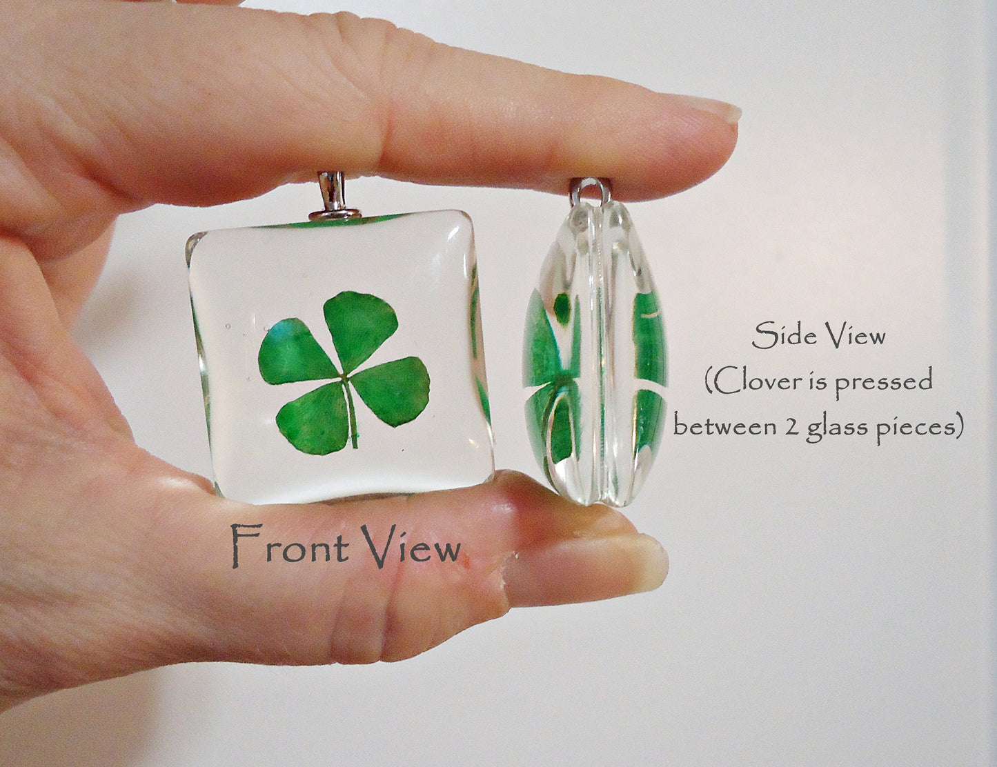 Pressed Four Leaf Clovers in Glass, 1 1/8 Inch Square with Bail, Set of 5