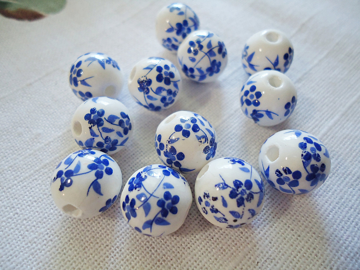 Porcelain Beads - 12mm Round - White Beads with Purple or Blue Flowers
