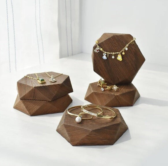 Flat Hexagon Wooden Riser, Tabletop Riser, Vertical or Lay Flat, Bracelet Display, Small Item Display, Versatile, Brown