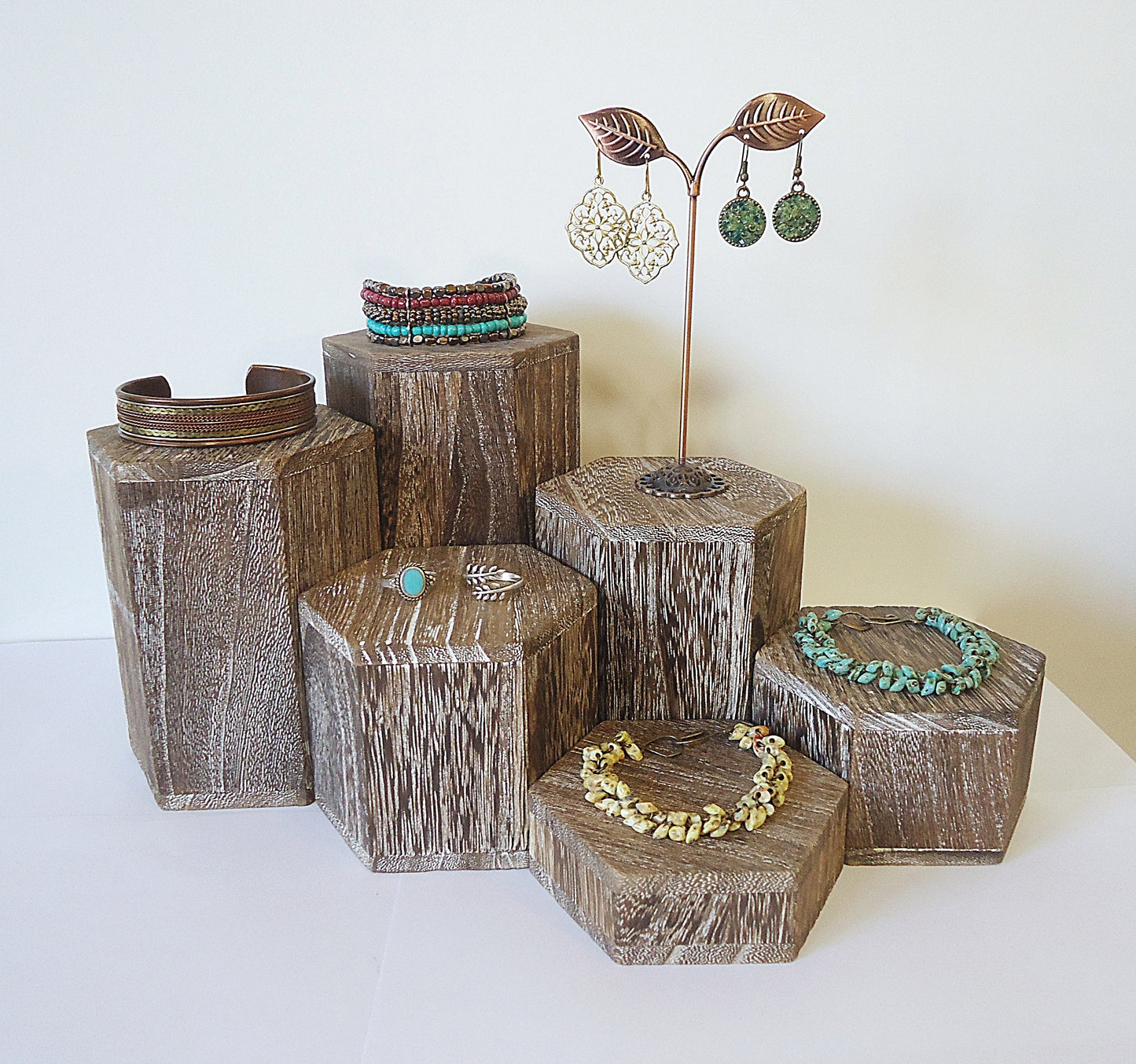Wooden Hexagon Risers, Weathered Brown, 3.5" Across, 1" - 6" Heights