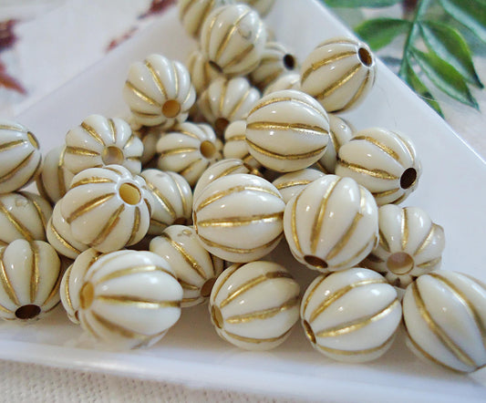 Fluted Beads, 7.5mm, Off-white and gold laced, Acrylic Pumpkins, Bulk Quantities