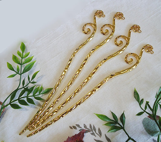 Hammered Metal Hair Sticks with Large Swirls and Loop - Gold - 7" Long