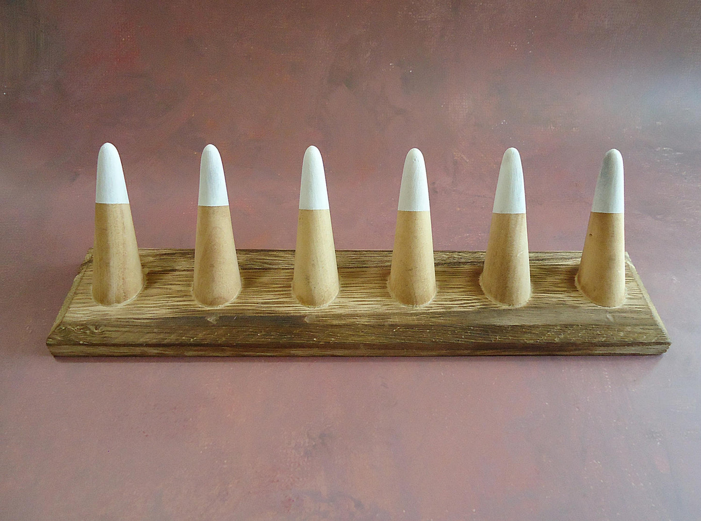 Wooden Ring Display, 6 Finger Ring Cones, 11" Wide, Natural with White Tips, Dark Brown with Metallic Bronze Tips