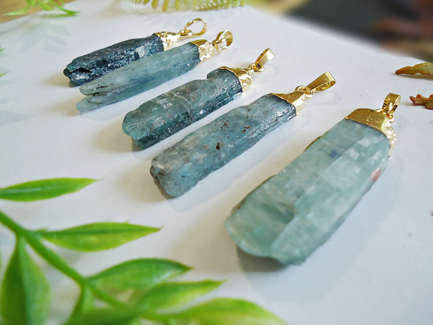 Natural Kyanite Pendants, 2" Tall, Gold Plated Bails, Aquamarine Color