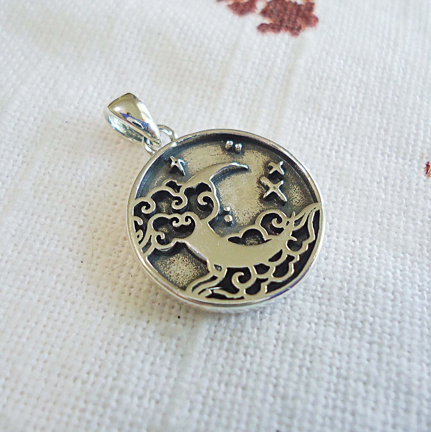Small Sterling Silver Moon and Clouds Pendant, Soldered Bail