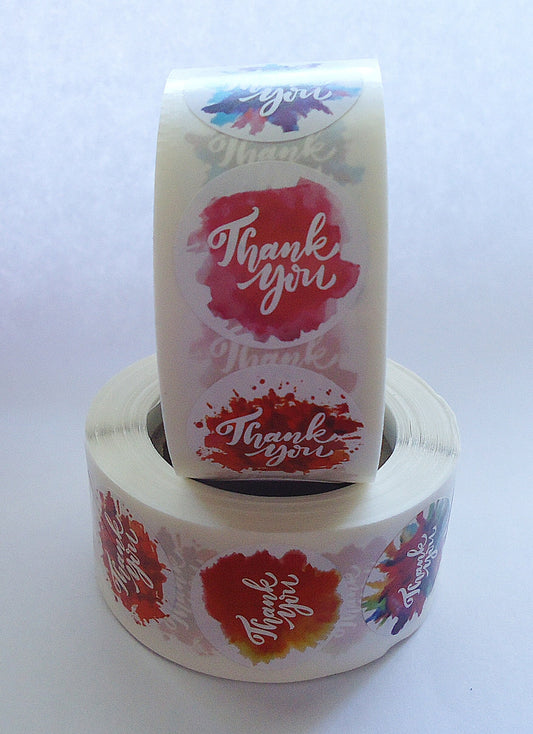 500 Thank You Stickers, Watercolor Paints Design, 1 inch Wide, Packaging, Labels, Bright and Colorful