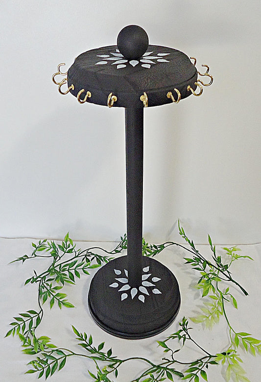 Rotating Necklace Storage, Display, Black, Wooden, 16 Hooks, 14.5" Tall, White Flower Stencil