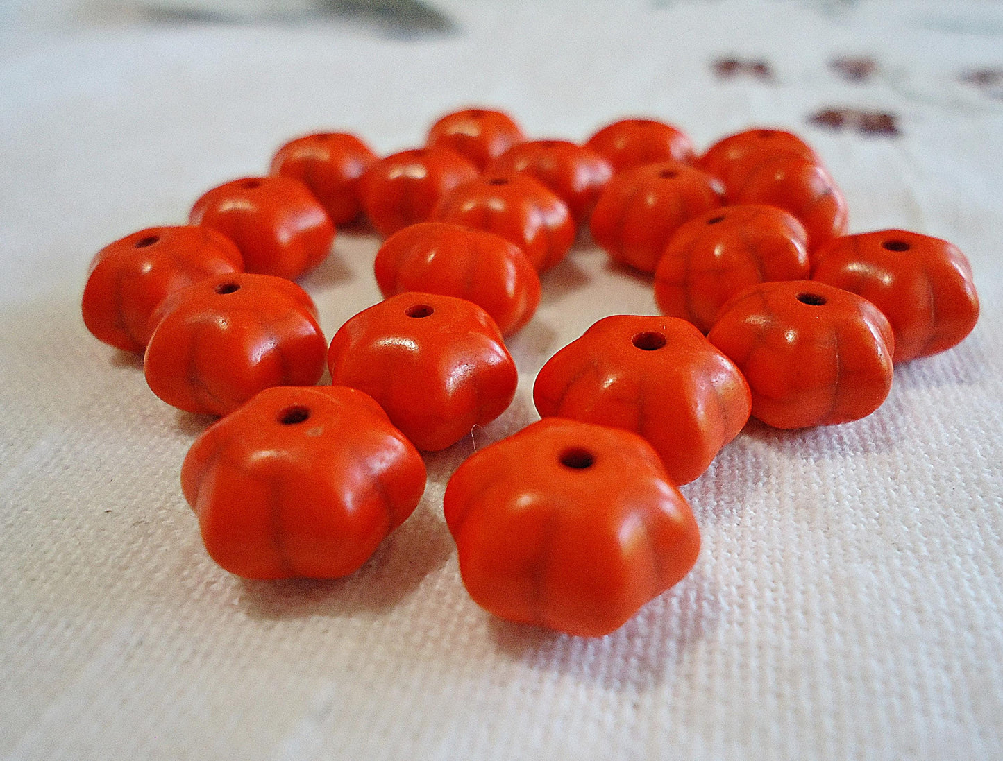 Small Dark Orange Pumpkin Beads, Fluted Stone Beads, 12x8mm, Halloween