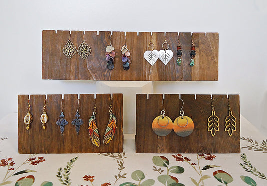 Set of 3 Wooden Earring Display Boards, Brown, Holds 12 pairs of earrings