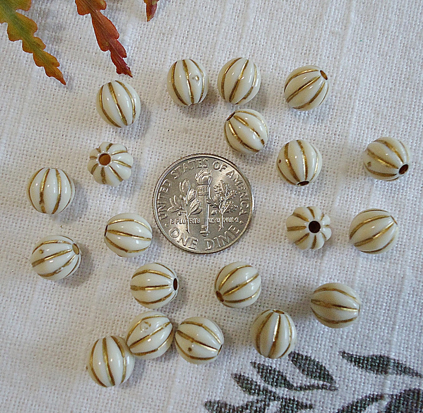 Fluted Beads, 7.5mm, Off-white and gold laced, Acrylic Pumpkins, Bulk Quantities