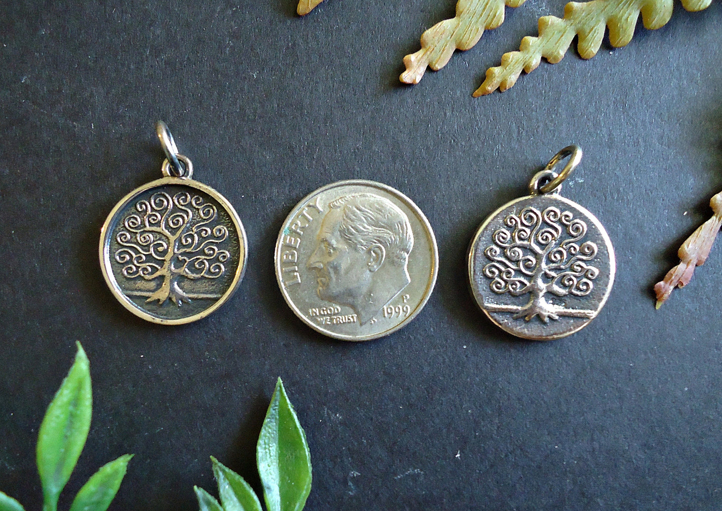 Double Sided Tree of Life Pendant Charm, Sterling Silver, Oxidized Finish, 16mm Round