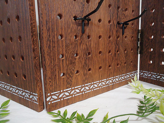 Large Heavy Duty Tri-Fold Display, Wooden, 48 Peg Hooks, Pegboard, Tabletop or Wall Mount, Jewelry, Keychain Display, 27.25" x 16"