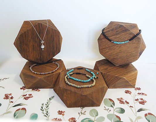 Flat Hexagon Wooden Riser, Tabletop Riser, Vertical or Lay Flat, Bracelet Display, Small Item Display, Versatile, Brown