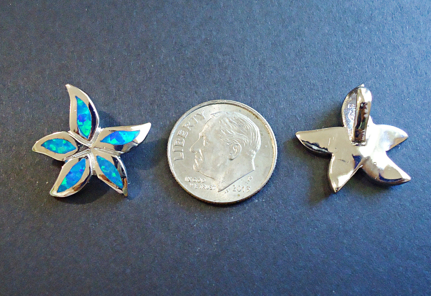 Sterling Silver Blue Opal Flower Slider Pendant - 18mm - Integrated Slider Bail