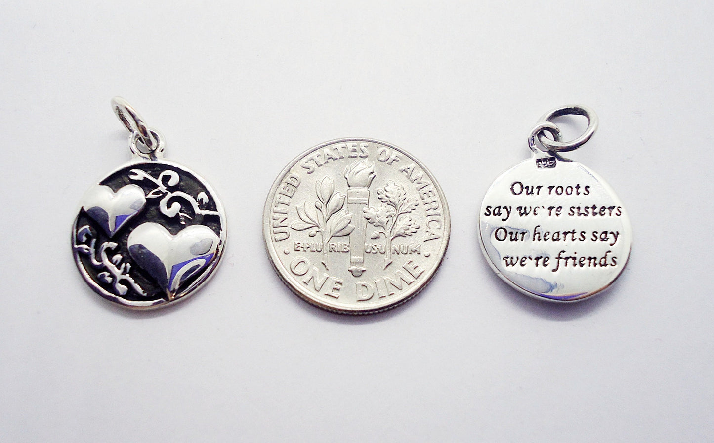 Small Sterling Sisters Charm / Pendant with Hearts, 14mm Wide, "Our roots say we're sisters, Our hearts say we're friends", Double sided