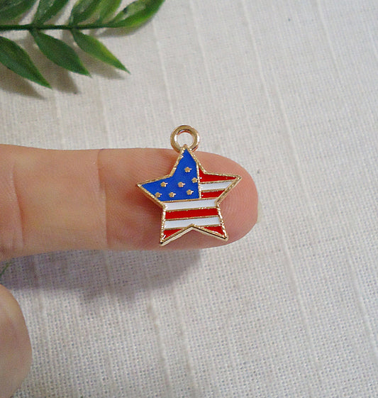 American Flag Star Charms, Enameled Red White Blue, Gold Plated, 5/8" Wide, Set of 10