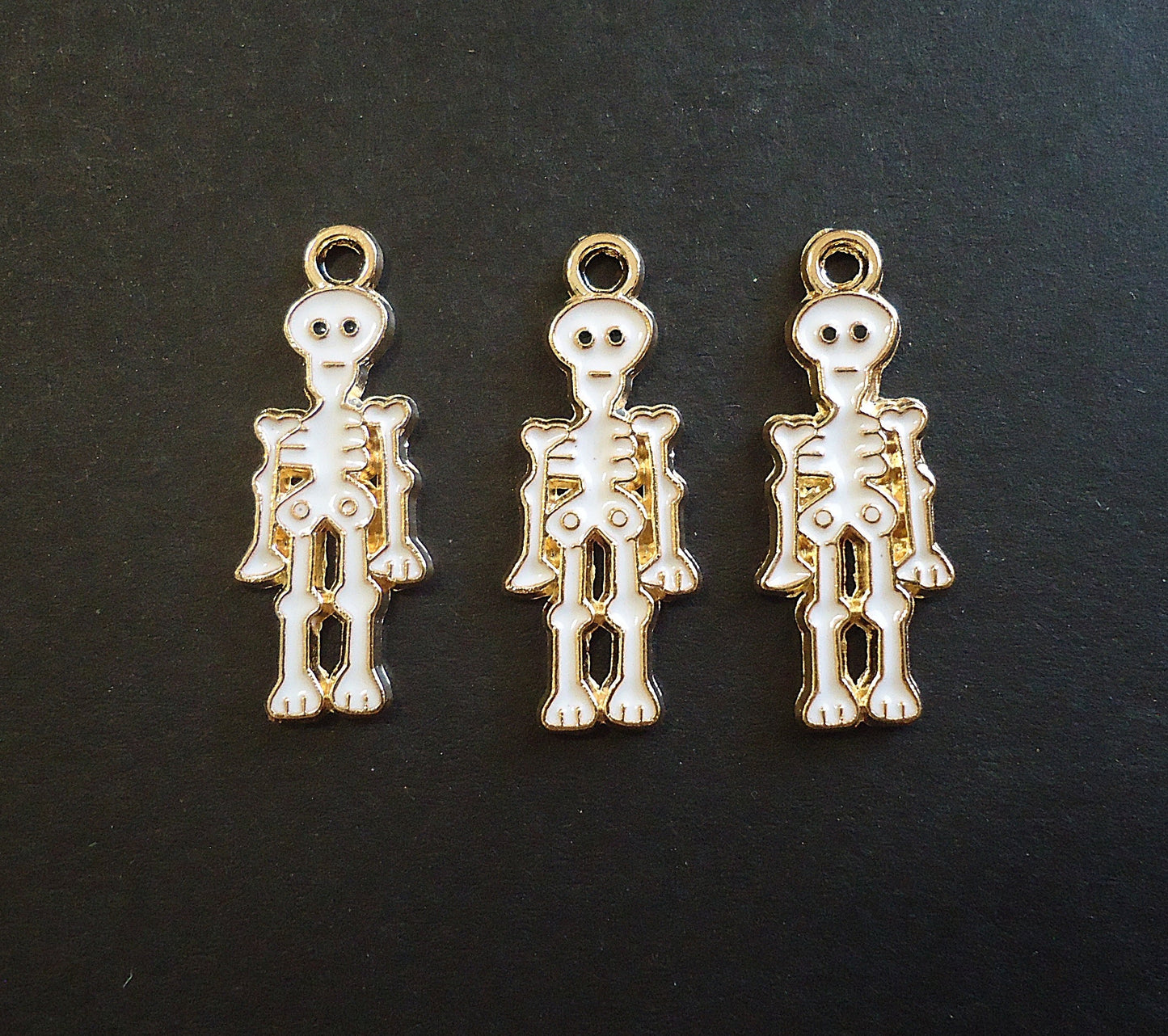 Skeleton Charms, Gold and Enameled White, One inch Tall, Set of 10