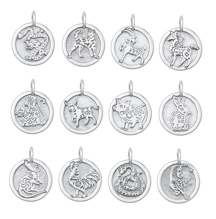Zodiac Animal Pendants, Sterling Silver, 5/8" Wide, Chinese Symbol on Back