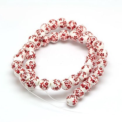 Porcelain Beads - 8mm Round - White Beads with Blue, Purple, Black, or Red Flowers, Set of 10
