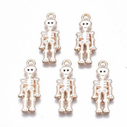 Skeleton Charms, Gold and Enameled White, One inch Tall, Set of 10