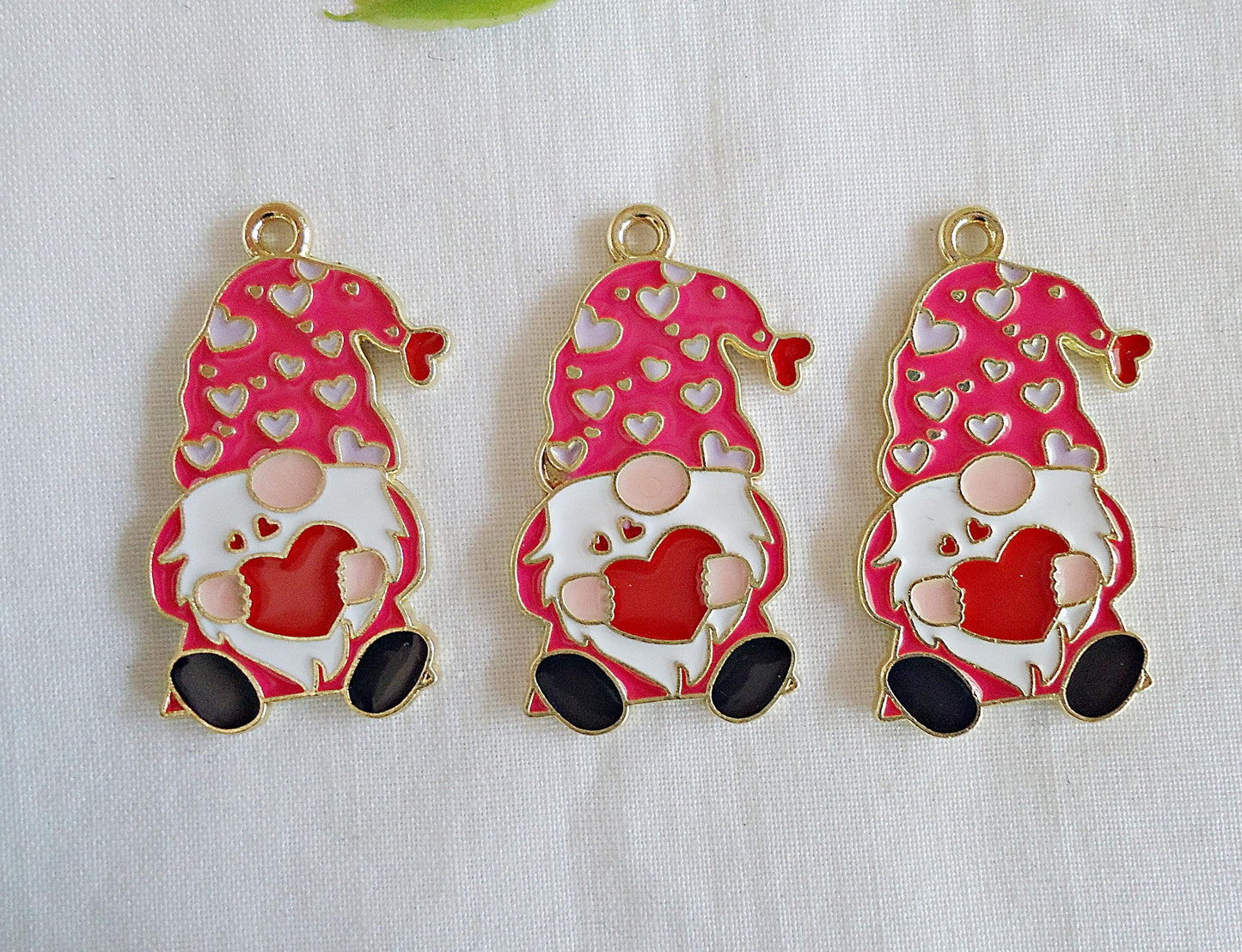 Valentines Day Gnome Charms, Red and Pink Heart Love Gnome Pendants, 1 1/8" Tall