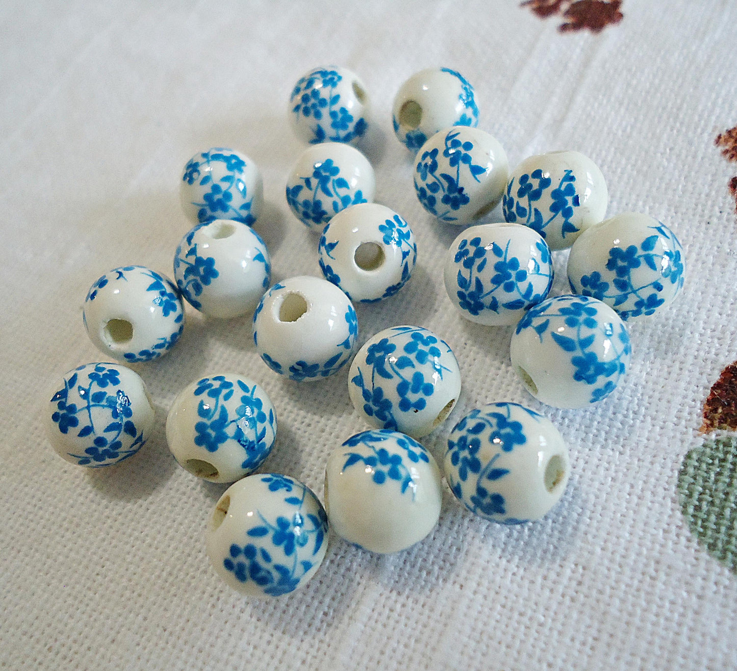 Porcelain Beads - 8mm Round - White Beads with Blue, Purple, Black, or Red Flowers, Set of 10