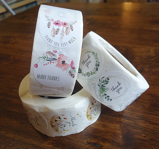 500 Stickers, 'Thank You', 6 Designs, Feathers & Dreamcatchers, 1 inch Wide, Packaging, Labels, Pink, Rose