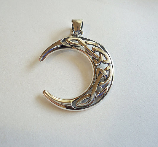 Celtic Crescent Moon Pendant, Sterling Silver, 1 inch Round with Soldered Bail