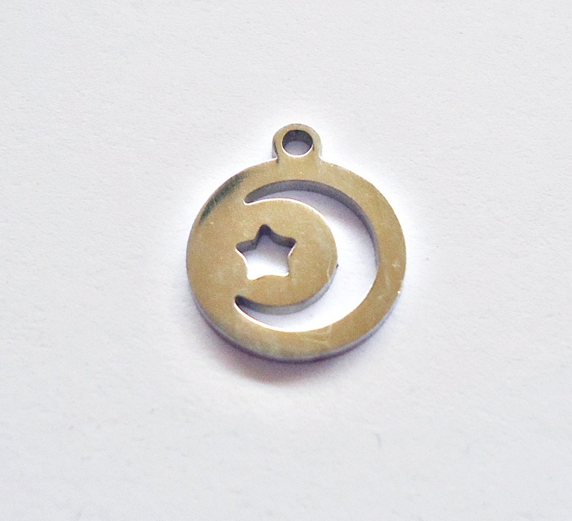 Small Stainless Steel Moon and Star Round Charms - 14mm x 12mm - Sets of 10
