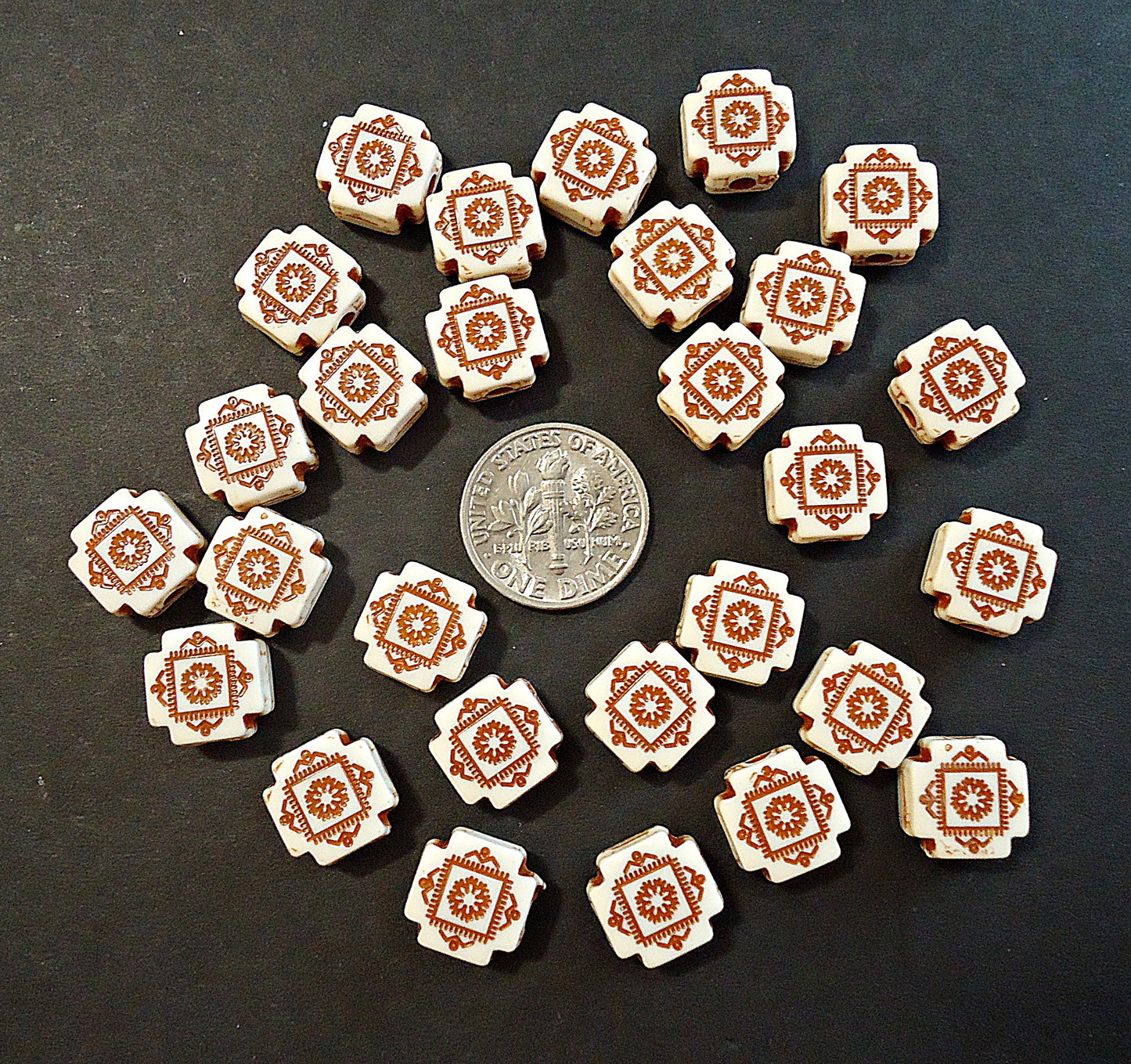 Square Cross Beads, Creamy White and Desert Brown, Acrylic, 10x10x5mm Square, Set of 25