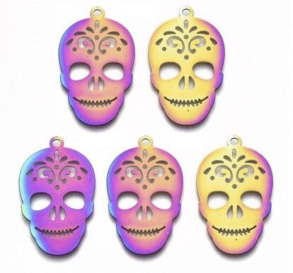 Stainless Steel Sugar Skull Pendants with Multi-color Finish, Set of 10, Day of the Dead