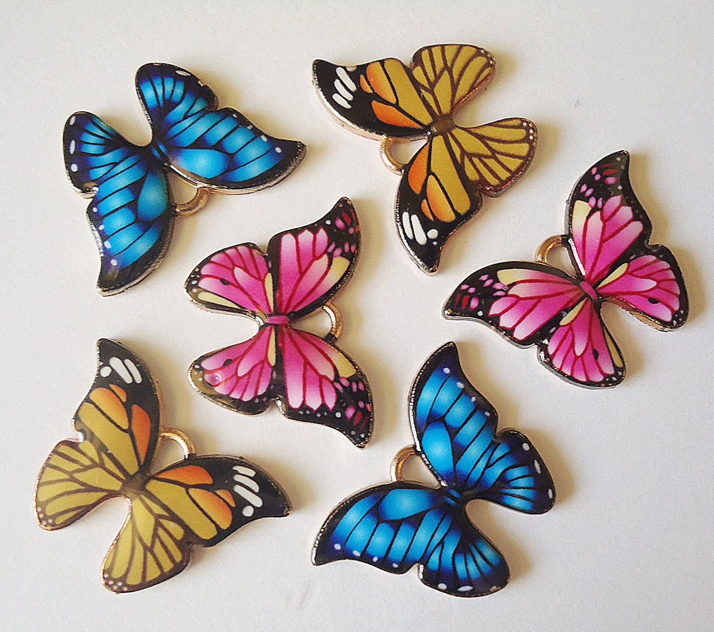 Butterfly Charms / Pendants, Blue, Pink, Yellow, Purple, Light Gold, Enameled, 7/8" W x 5/8" Tall
