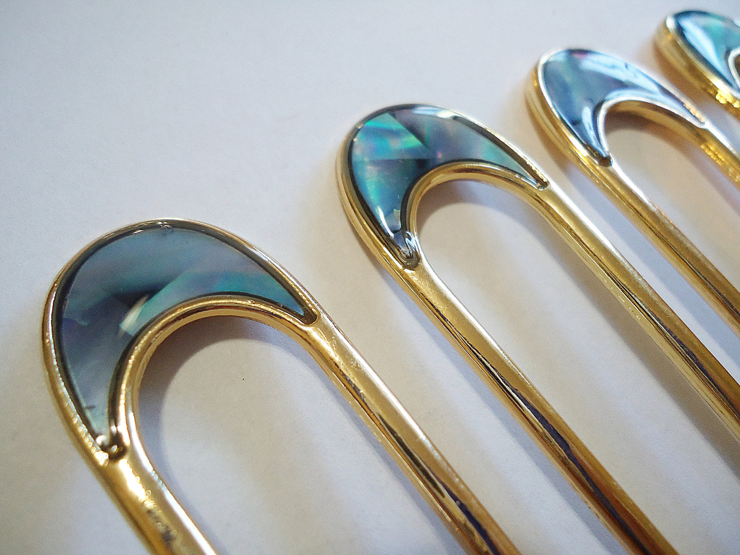Abalone Double Hair Stick, Hair Fork, Gold, Metal Alloy, Wavy or Horseshoe Shape, 4" and 4.25" Long