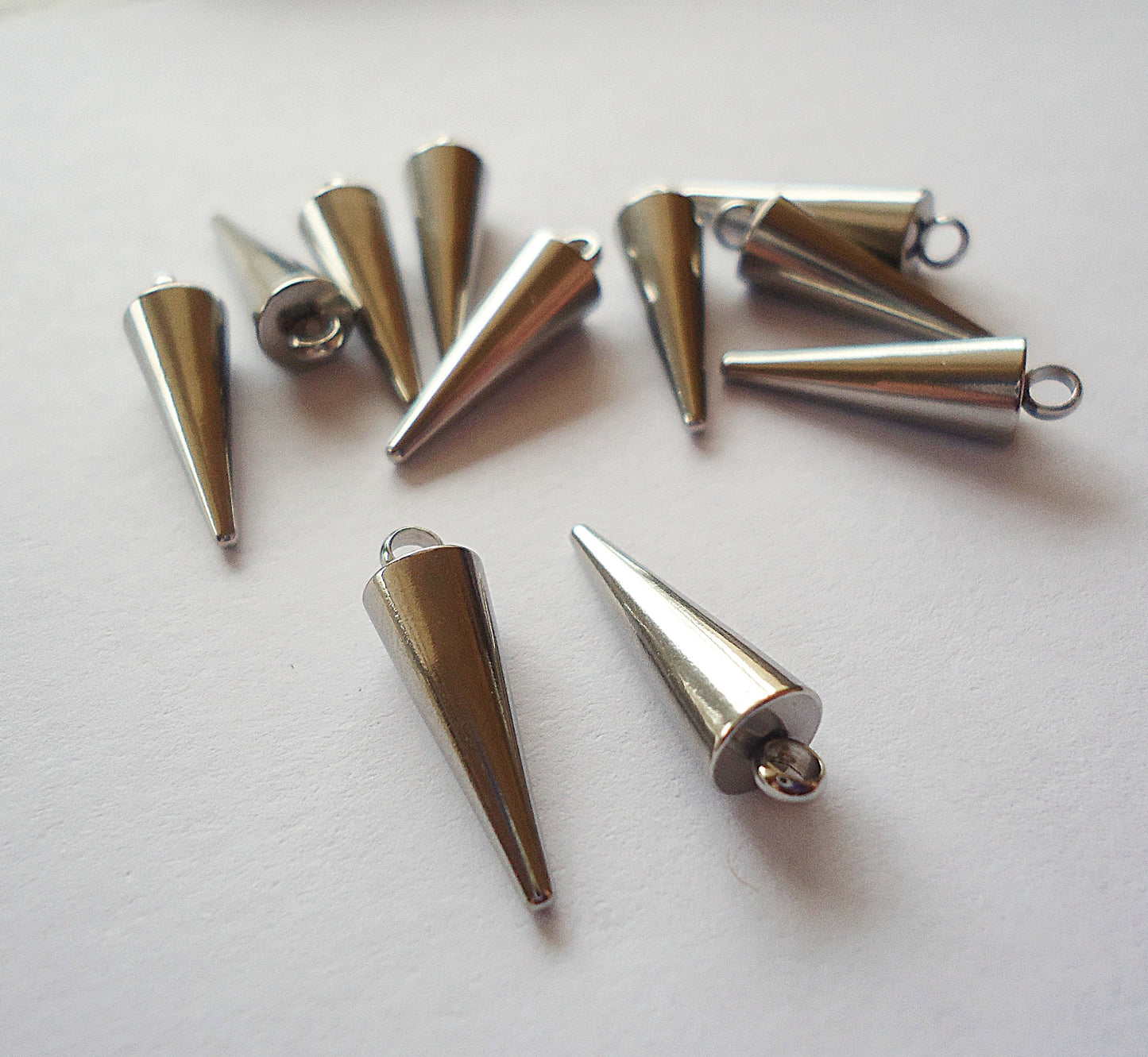 Small Stainless Steel Spike Charms, Pendants - 18mm x 5mm, Silver Color