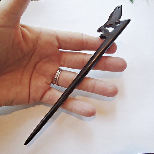 Wooden Bird Hair Stick, Dark Brown, 7" long