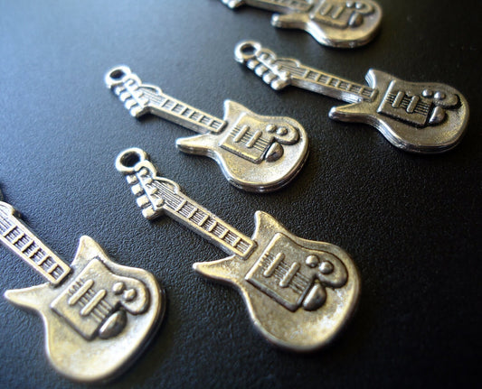 Guitar Pendants / Charms - Antique Silver - 30mm x 11mm