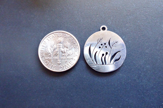 Stainless Steel Grass and Wild Flower Field Charm Pendant - Laser-cut - 18mm wide