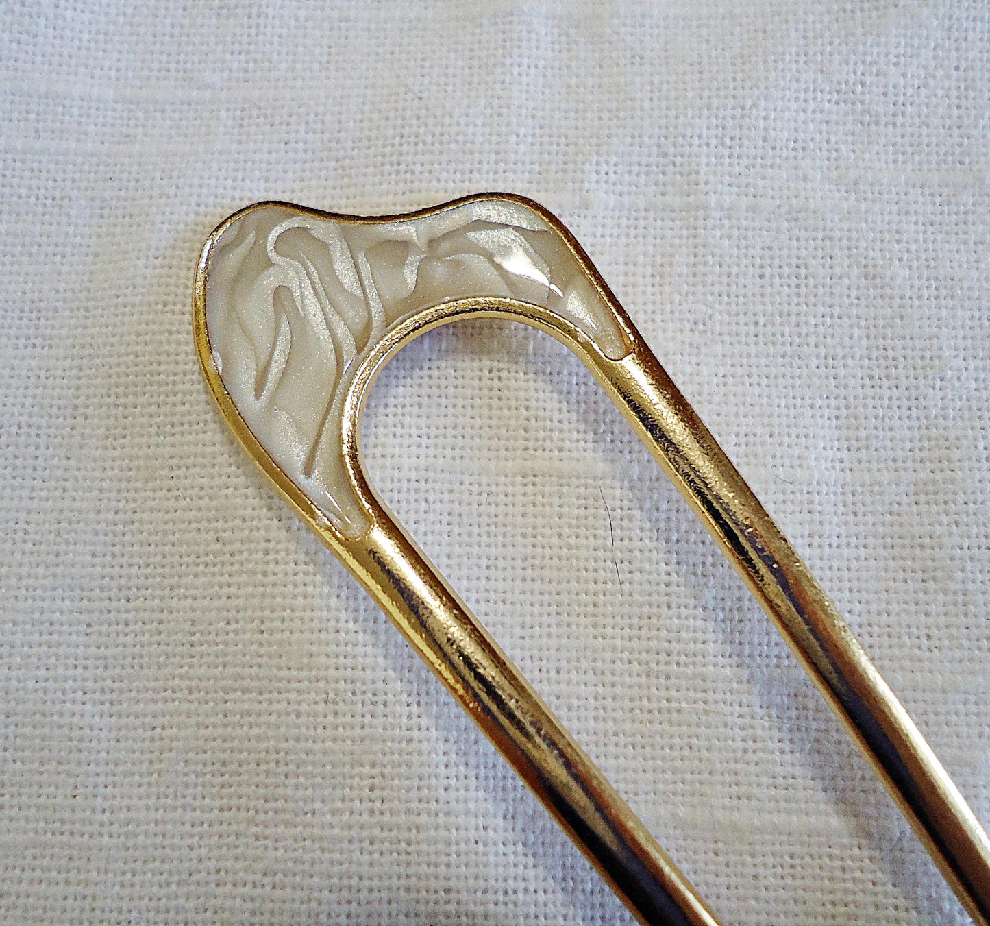 Faux Mother of Pearl Double Hair Stick, Hair Fork, Gold Plated Metal Alloy, 4.25" Long, Resin Swirl, Gold Swirl, Smooth White, Pale Pink