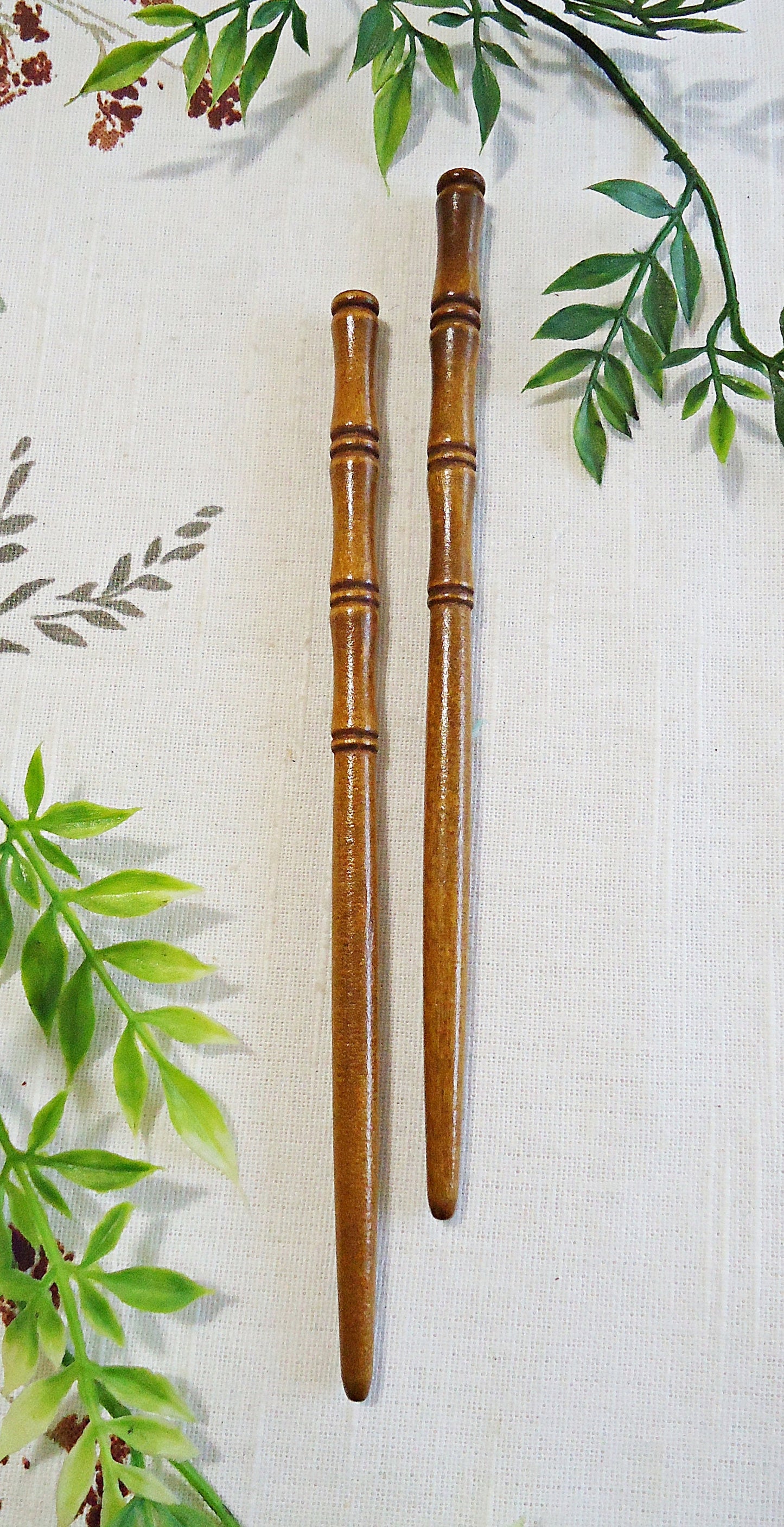 Wood Hairsticks, 7" Long, Set of 2, Brown Bamboo Design