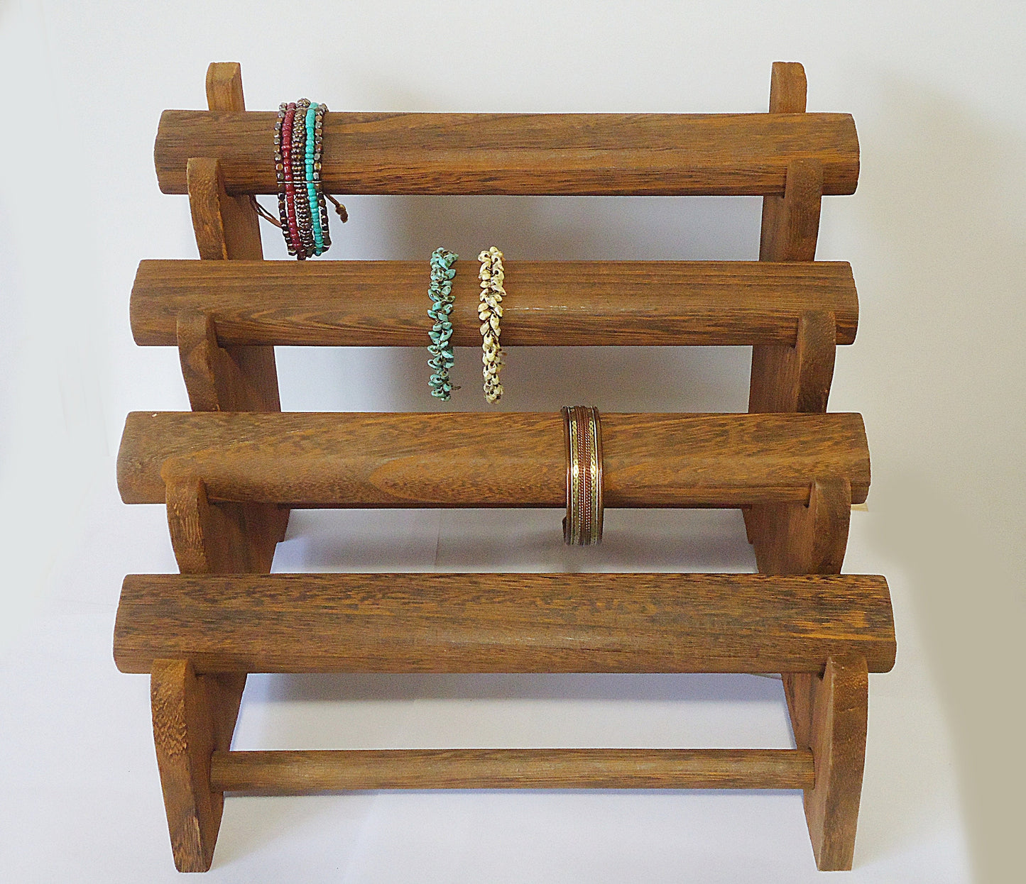 4 Tier Wooden Bracelet Display / Organizer, Brown & Weathered Brown, Removable Oval Bars, Plain or Hand-Painted Mandala, 11" High x 11" Wide