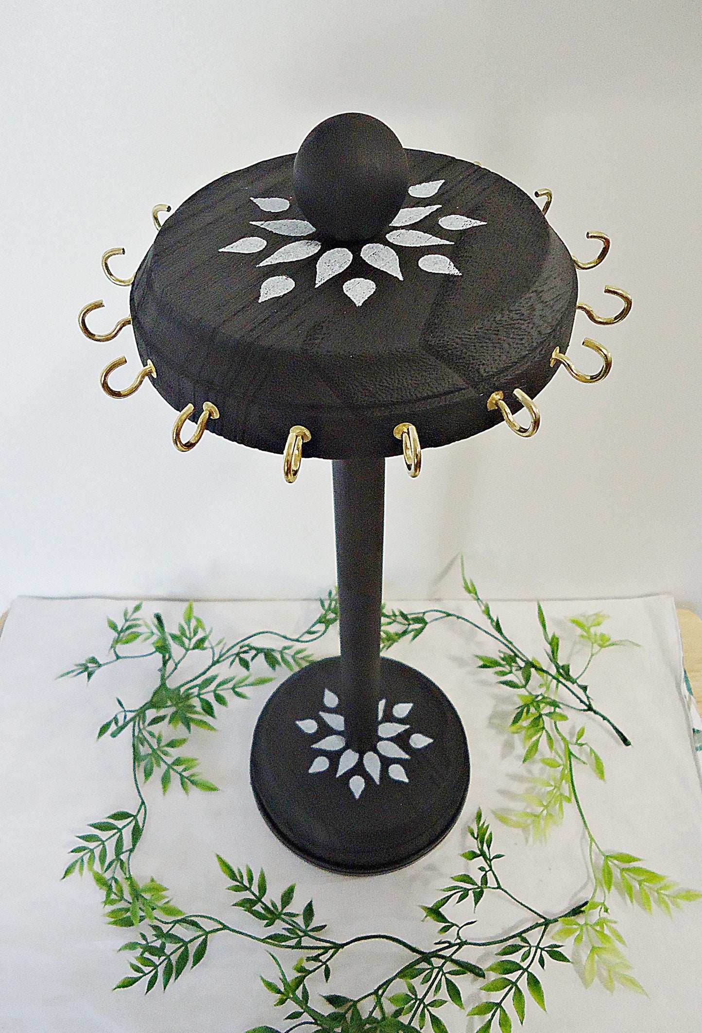 Rotating Necklace Storage, Display, Black, Wooden, 16 Hooks, 14.5" Tall, White Flower Stencil