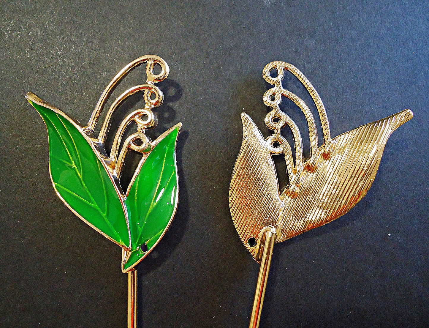 Hair Stick, Shawl Pin, Gold Plated and Green Enameled Leaves, 6.5" Long, Hair Pin Blank