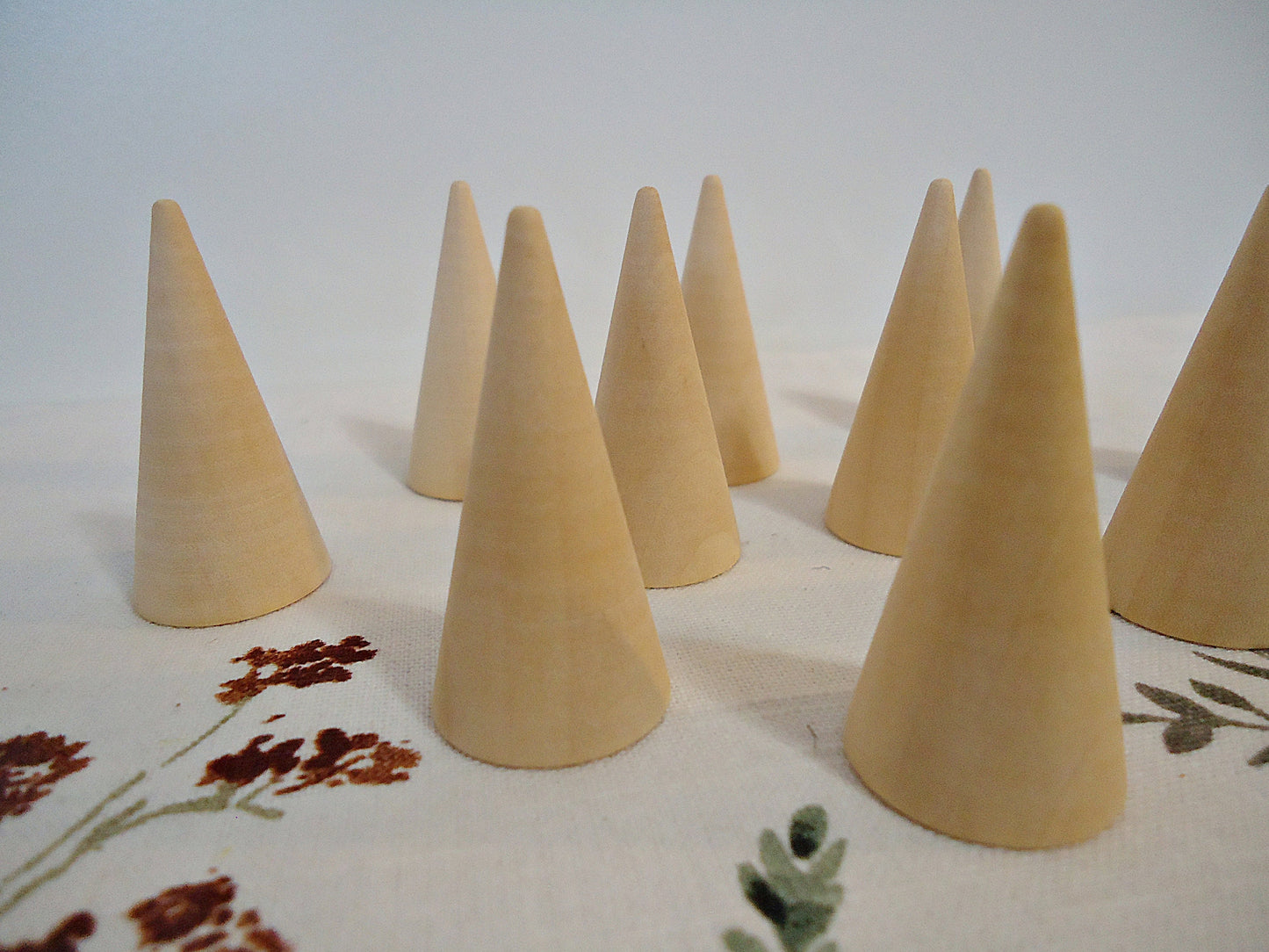 10 Unfinished Wood Ring Cones, Natural Wood, 2" Tall x 1" Wide, Set of 10