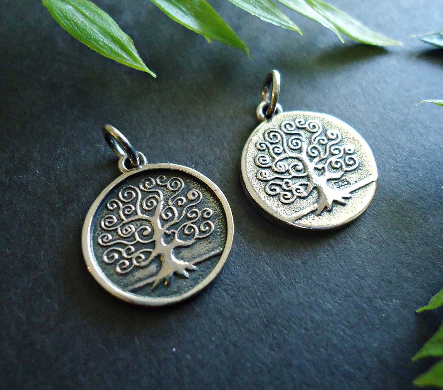 Double Sided Tree of Life Pendant Charm, Sterling Silver, Oxidized Finish, 16mm Round