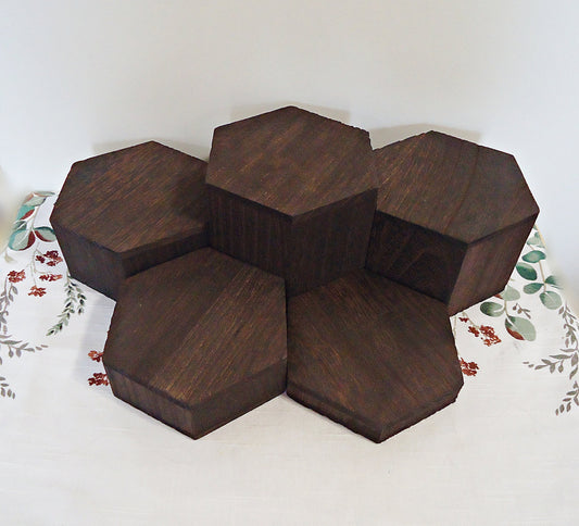 Hexagon Risers, Set of 5, Dark Brown Wood, 5.25" Wide, 1" - 4" Heights, Jewelry, Coffee Mug, Candle, Figurine, Small Item Display
