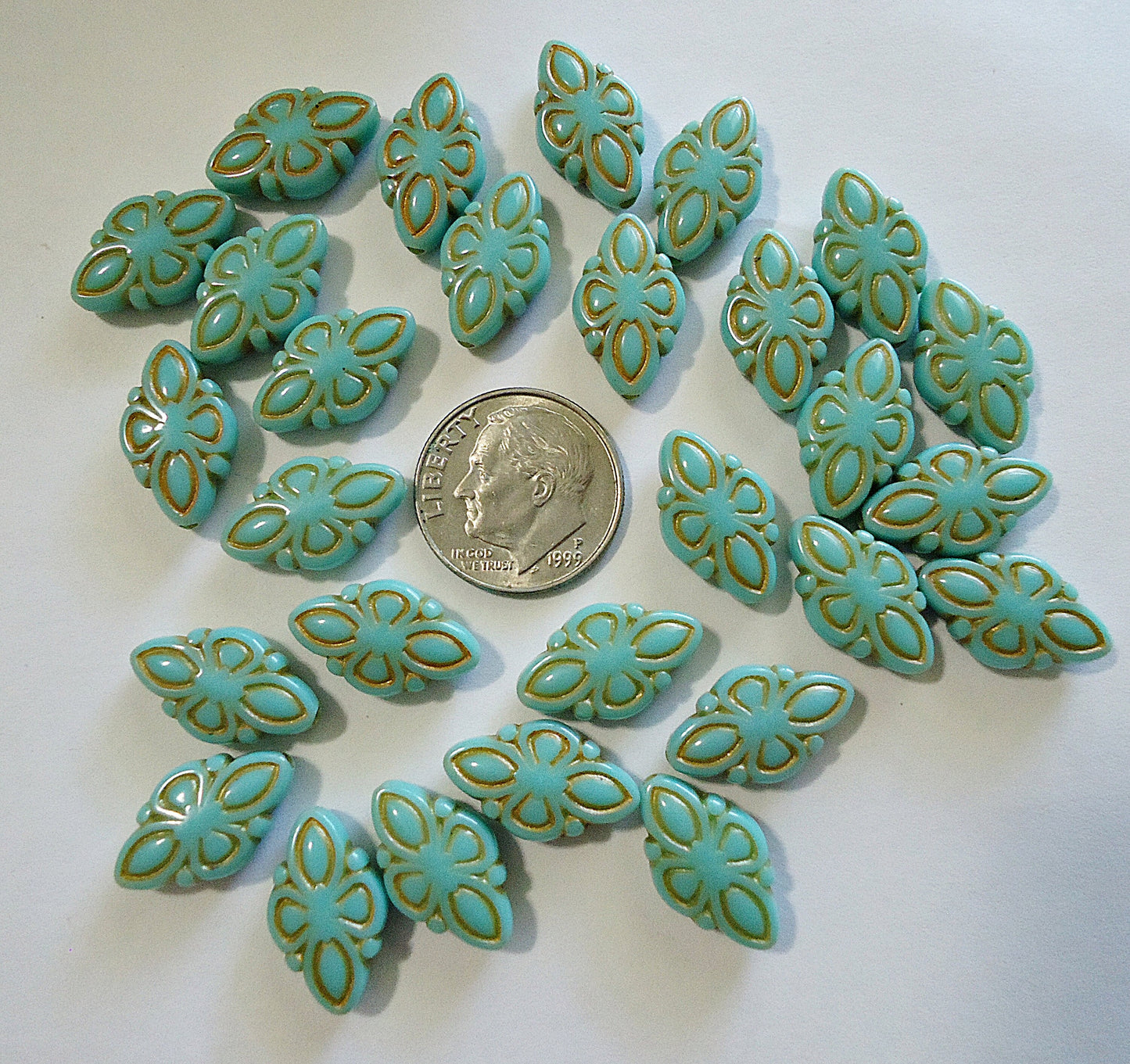 25 Small Acrylic Diamond Shaped Turquoise Beads with Gold Enlaced Details, 16mm x 10mm, Turquoise, Gold, Set of 25