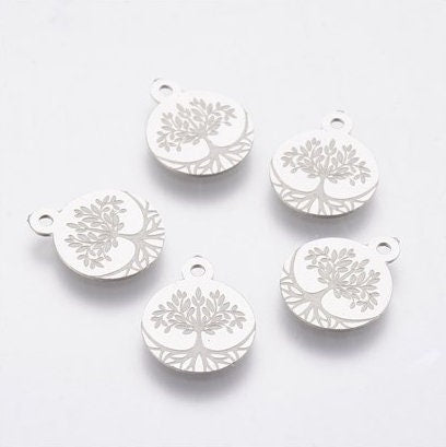 Tiny Etched Stainless Steel Tree of Life Charms, Tags, 12mm x 10mm, Set of 10