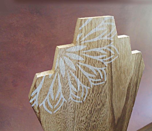 Set of 3 Wooden Necklace Displays with Base Board - 17" Wide, 12" Tall, 11" Tall, 9" Tall, Stenciled White Flower Mandala, Brown or Natural