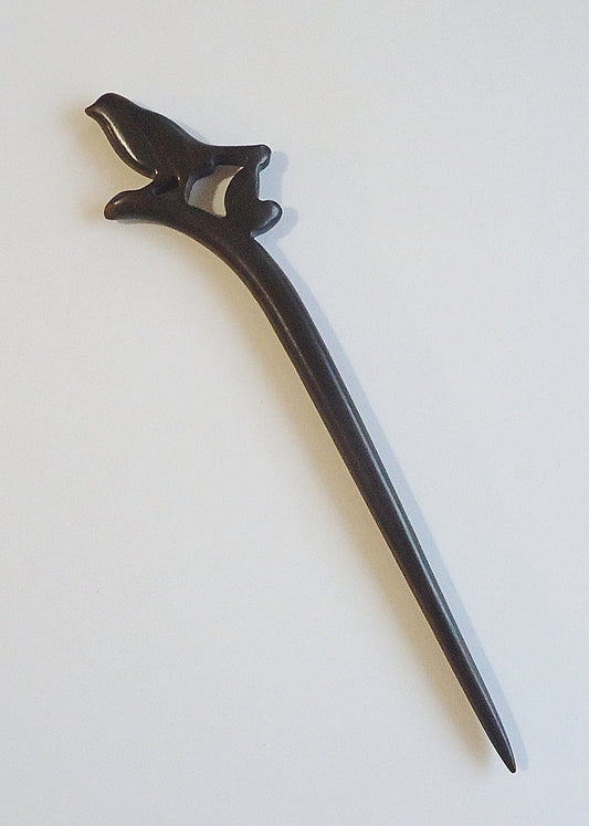 Wooden Bird Hair Stick, Dark Brown, 7" long