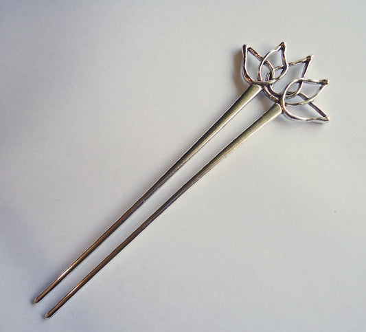 Lotus Flower Hair Fork, Double Hair Stick, Silver Metal, 5.75" Long
